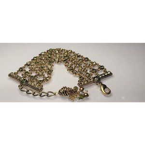 Vintage Multi Strand Chain Gold Tone Bracelet Rhinestone Clear Green Bead Tassel